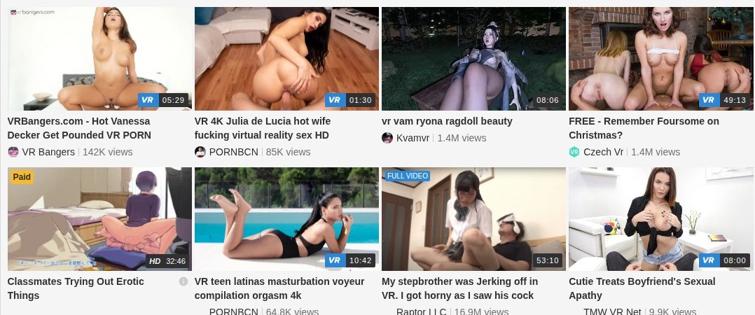 Κάρτες βίντεο του xhamster.com με ετικέτες VR, HD και Paid, διάρκεια και μετρητές προβολών
